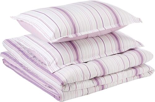 AmazonBasics Comforter Set, King, Purple Verticle Stripes, Microfiber, Ultra-Soft - NEW - Lot 502