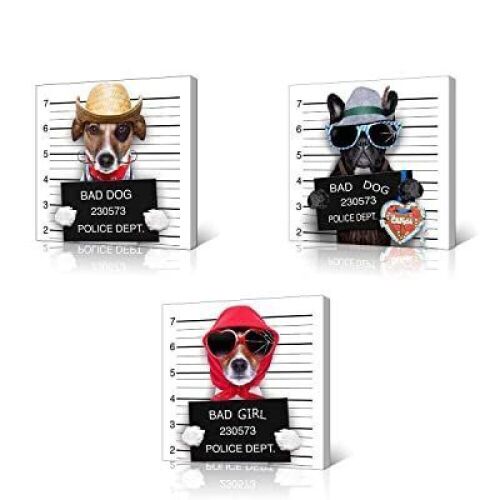 3 Piece Wall Art Painting, Funny Bad Dog in Police Dept Prints On Canvas, Home Modern Decor for Living Room - NEW - Lot 529