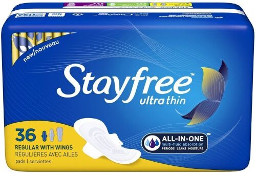 Stayfree Ultra Thin Regular Pads with Wings For Women, Reliable Protection and Absorbency of Feminine Moisture, Leaks and Periods, 36 count - Pack of 4 - NEW - Lot 534