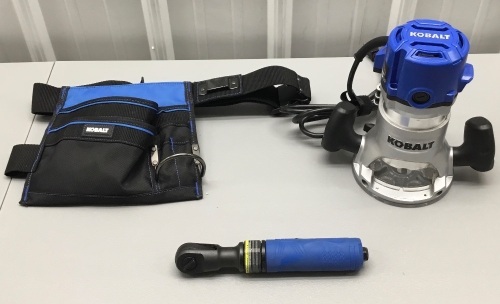 Kobalt Lot - Kobalt Router, AIr Ratchet & Tool Belt. E-Commerce Return. Router Tested/Works. Air Ratchet Untested. Appear New. - Lot 123
