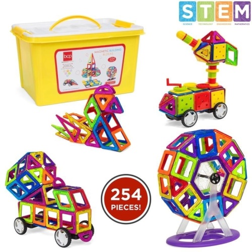 254-Piece Kids Magnetic Building Tiles Toy Set w/ Storage Box - Multicolor. Appears New  - Lot 137
