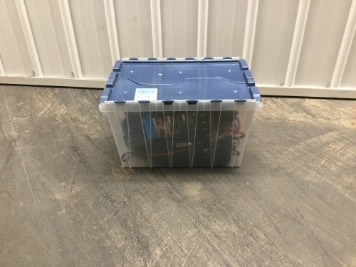 Mixed Lot: Storage Container Filled w/ Power Stakes, Outdoor Electrical Powerstrips w/ Timers & Extension Cords.  - Lot 317