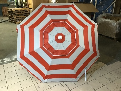 Large Striped Outdoor Patio Umbrella w/ Tilt & Crank Feature, Red/ & White Summer Stripes. Appears New. - Lot 457