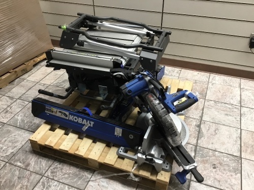 Lot of KOBALT Saw's & Saw Accessories (Mitre Saw, Table Saw, Saw Horse). SEE PICTURES. E-Commerce, Unknown Condition.  - Lot 492
