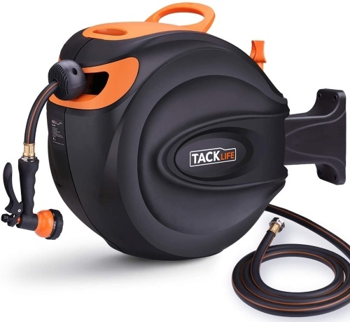 Tacklife 5/8'' Hose Reel, 65+7 FT Wall Mounted Retractable Hose Reel, 7 Patterns Hose Nozzle, Brass Connector, 180 Degree Pivot, Auto Rewind and Any Length Lock. Appears New - Lot 537