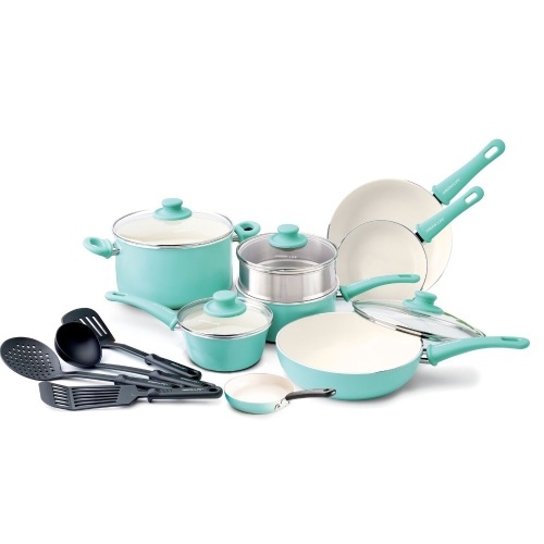 GreenLife Soft Grip 16pc Ceramic Non-Stick Cookware Set, Turquoise. Appears New - Lot 692
