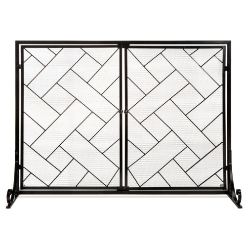 2-Panel Wrought Iron Geometric Fireplace Screen w/ Magnetic Doors - 44x33in. Appears New - Lot 730