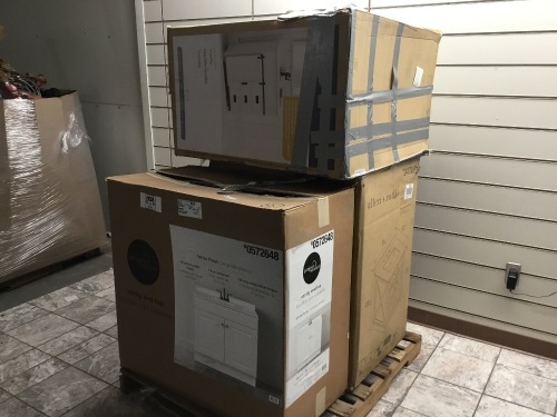 Pallet of Salvage Bathroom Vanities. Various Sizes/Styles. Condition Unknown. May Contain Items that are Broken/Damaged for Parts & Repair.  - Lot 736