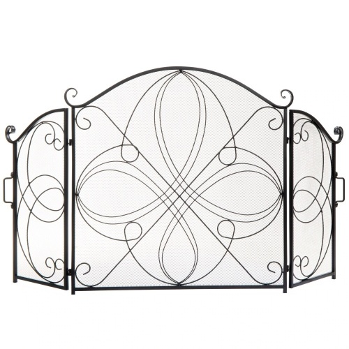 3-Panel Wrought Iron Metal Fireplace Screen Cover w/ Scroll Design - 55x33in - Lot 1487
