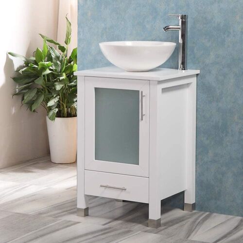 QIERAO 20" Bathroom Vanity Cabinet and White Ceramic Vessel Sink with Stainless Steel Faucet - Lot 55