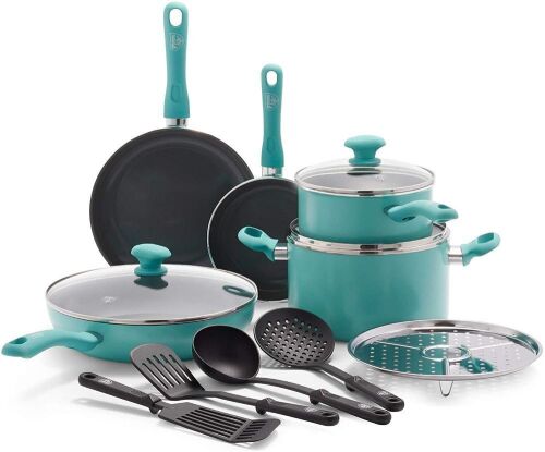GreenLife Soft Grip Diamond Healthy Ceramic Nonstick, Cookware Pots and Pans Set, 13 Piece, Turquoise - Lot 262