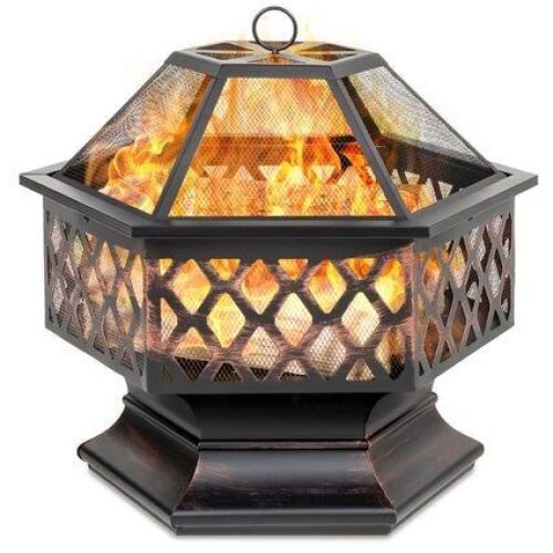 Hex-Shaped Outdoor Fire Pit w/ Flame-Retardant Lid - 24in - Lot 523