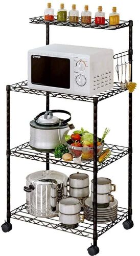 LENTIA 4-Tier Baker’s Rack Microwave Stand with Wire Mesh Shelves, 4-Side Hooks, 4 Wheel Casters ＆ Adjustable Leg Plug - Lot 761