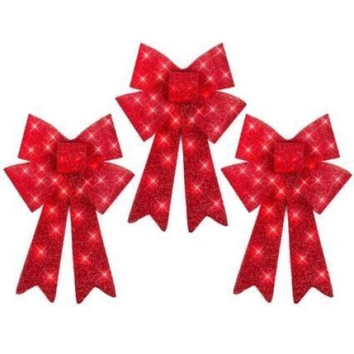 Set of 3 Pre-Lit Christmas Bow Decoration, LED Holiday Decor w/ 8 Functions - Lot 811