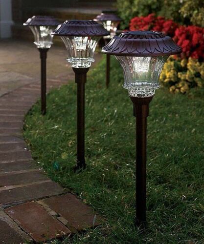 Plow & Hearth Solar LED Garden Stake Path Lights, Bronze, Set of 4  - Lot 1086
