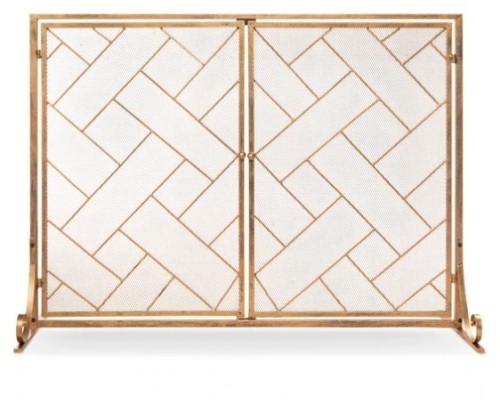 2-Panel Wrought Iron Geometric Fireplace Screen w/ Magnetic Doors - 44x33in, Appears New - Lot 202