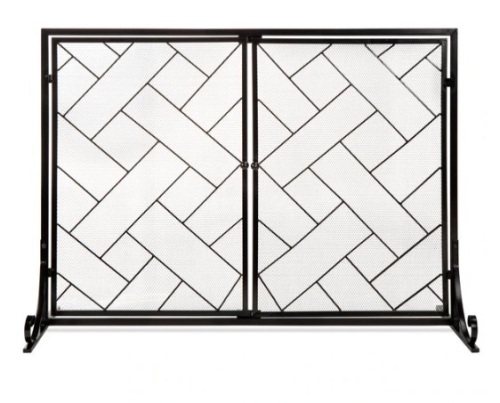 2-Panel Wrought Iron Geometric Fireplace Screen w/ Magnetic Doors - 44x33in, Appears New - Lot 214