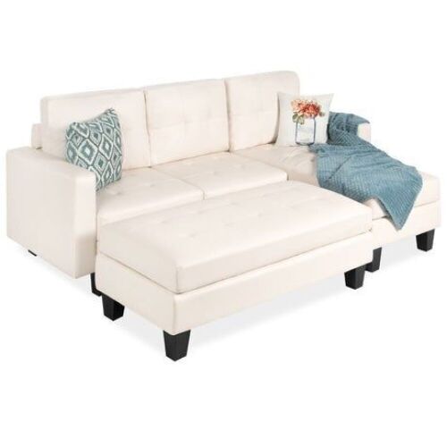 L-Shape Customizable Faux Leather Sofa Set w/ Ottoman Bench - Needs Cleaned - Lot 13