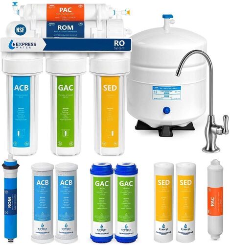 Express Water RO5DX Reverse Osmosis Filtration NSF Certified 5 Stage RO System with Faucet and Tank, Plus 4 Filters, 50 GPD, 14 x 15 x 5  - Lot 35