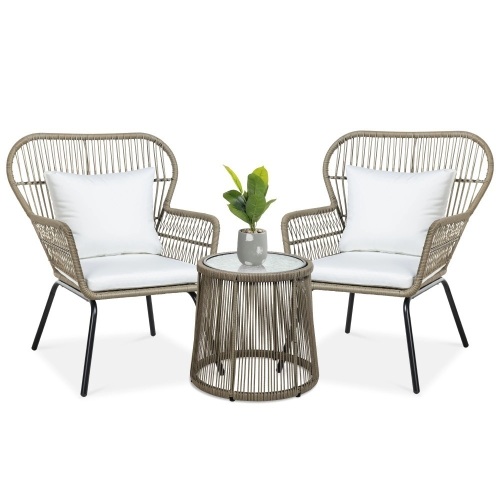 3-Piece Patio Wicker Conversation Bistro Set w/ 2 Chairs, Glass Top Table - Lot 59