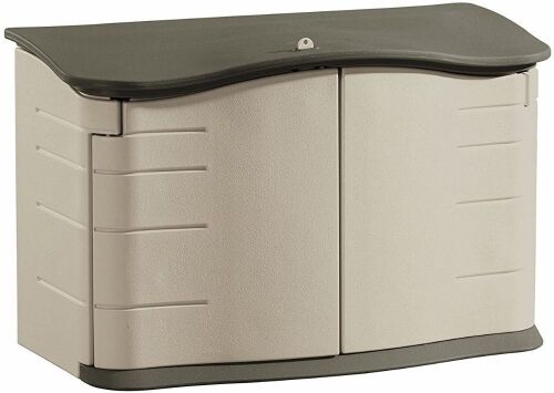 Rubbermaid Small Horizontal Resin Weather Resistant Outdoor Storage Shed, Olive and Sandstone - Lot 66
