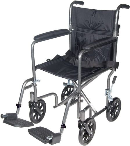 Drive Medical Lightweight Steel Transport Wheelchair, Fixed Full Arms, 17" Seat, Silver Vein - Lot 385