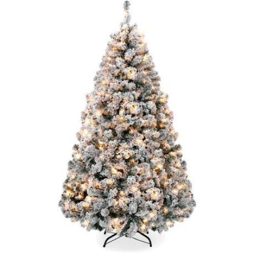 7.5' Pre-Lit Snow Flocked Artificial Pine Christmas Tree w/ Warm White Lights - Lot 396