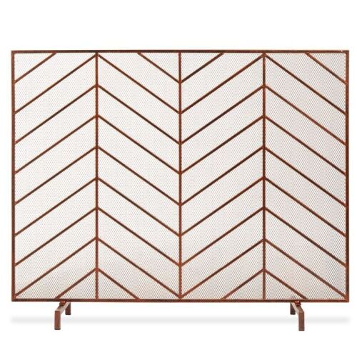 Single Panel Iron Chevron Fireplace Screen w/ Antique Finish - 38x31in - Lot 697