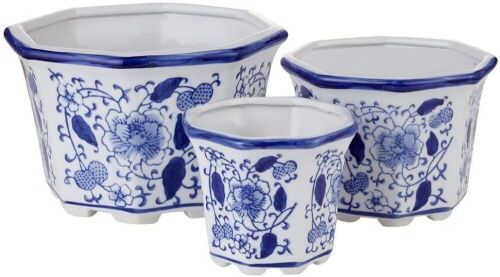 Blue & White Ceramic Flower Pots with Trays, Set of 3 - Lot 908