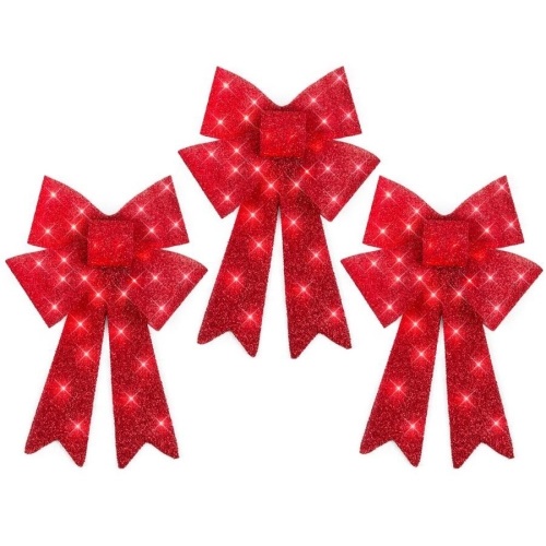 Set of 3 Pre-Lit Christmas Bow Decoration, LED Holiday Decor w/ 8 Functions - Lot 1038