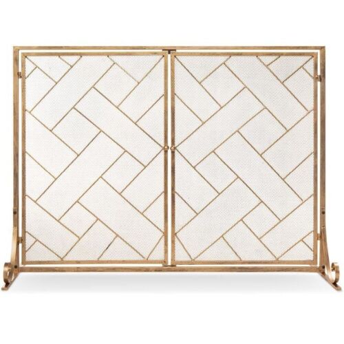 2-Panel Wrought Iron Geometric Fireplace Screen w/ Magnetic Doors - 44x33in - Lot 1128