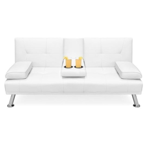 Faux Leather Upholstered Convertible Sofa Bed Futon w/ 2 Cupholders. Appears New - Lot 33