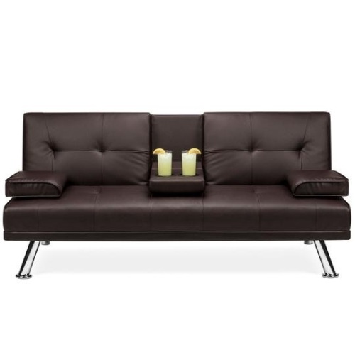 Faux Leather Upholstered Convertible Sofa Bed Futon w/ 2 Cupholders. Appears New - Lot 44
