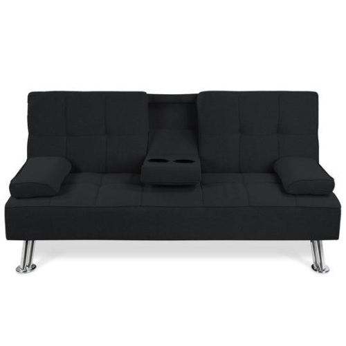 Linen Upholstered Convertible Sofa Bed Futon w/ 2 Cupholders. Appears New - Lot 46