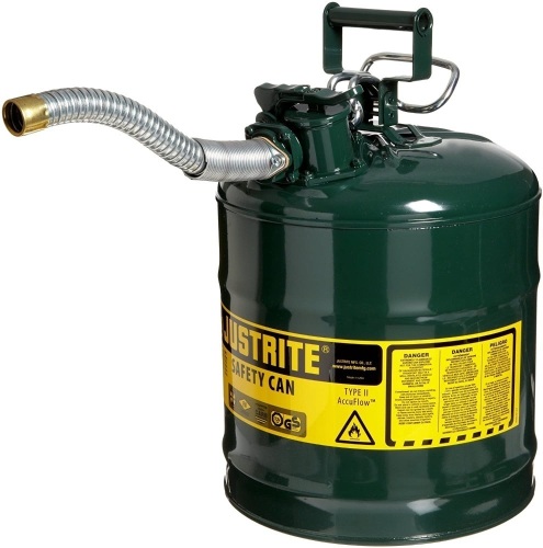 Justrite 7250430 AccuFlow 5 Gallon, 11.75" OD x 17.50" H Galvanized Steel Type II Green Safety Can With 1" Flexible Spout. Appears New - Lot 119