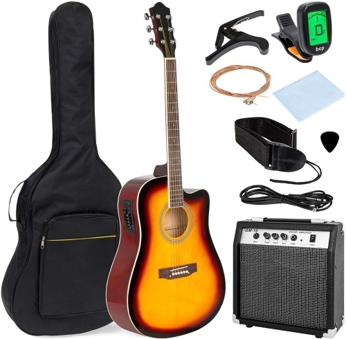 Acoustic Electric Guitar Starter Set w/ 41in, All Wood Cutaway Design, Case, Strap, Picks, Tuner - Sunburst. Appears New - Lot 135