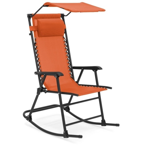 Folding Zero Gravity Rocking Chair w/ Attachable Sunshade Canopy, Headrest - Orange. Appears New - Lot 204