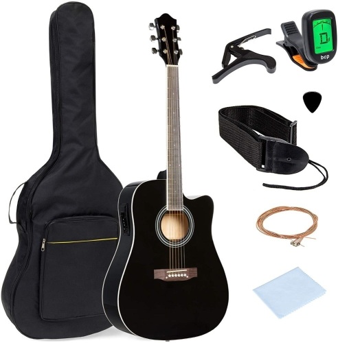 Beginner Acoustic Electric Guitar Starter Set 41in w/All Wood Cutaway Design, Case, Strap, Picks, Tuner - Black. Appears New - Lot 223