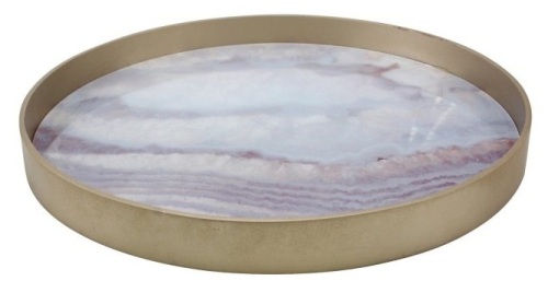 Stonebriar Collection Round Gold Wood & Pink Marble Serving Tray. Appears New.  - Lot 403