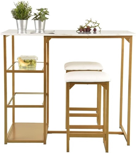Amolife Modern 3-Piece Counter Dining Pub Kitchen Bar Table Set with 2 Compact Bar Stools, Metal Frame, Shelf Storage. Appears New - Lot 412
