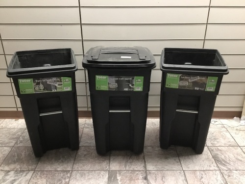 Lot of (3) Toter 2-Wheeled Trash Cans. Garbage Truck Compatible, (2) 32 Gallon Trash Cans & (1) 48 Gallon Trash Cans. (1) is Missing Wheels. E-Commerce. Appear New.  - Lot 436