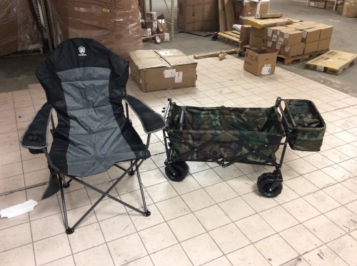 Camping/Hunting Lot. (1) Folding Outdoor Utility Wagon Cart w/ Canopy, Camo & (1) Oversized Folding Outdoors/Camping Chair w/ Stoarge Bag, Black & Gray. Wagon Is Missing Some Hardware.    - Lot 472