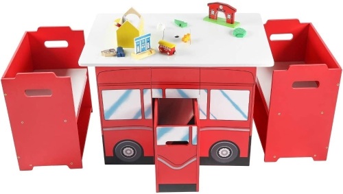 RUUF Kids Table and Chairs Set, Red Bus Shaped Play Table. Appears New.  - Lot 485