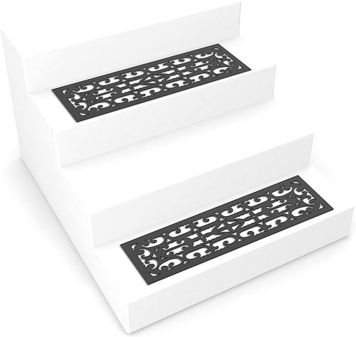 Pack of (6) Non-Slip Stair Traction Control Grip Heavy Duty Rubber Tread, Ornate Design for Indoor/Outdoor Use, Black. Appears New.  - Lot 826