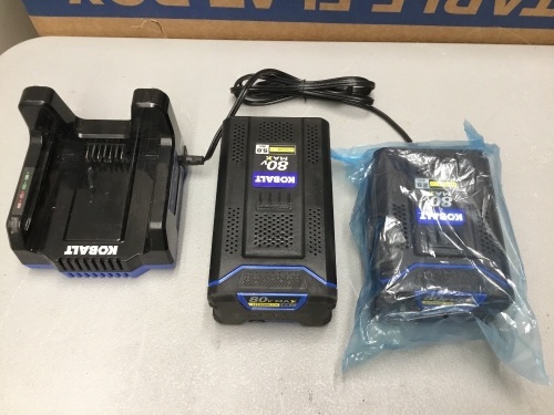 Kobalt Battery Lot - (1) Kobalt 80v Max Battery Charger, (1) 80v Max 2.5 Ah Battery, & (1) 80v Max 5.0 Ah Battery. Tested/Works. Appears New w/ Out Box.  - Lot 889