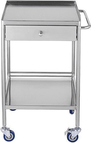 Vevor 2 Layer Medical Trolley Cart On Wheels. One Drawer. Stainless Steel.  Appears New - Lot 890