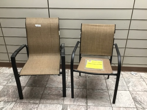 (2) Metal Framed Outdoor Patio Chairs w/ Brown Woven Weather Resistant Canvas Backing. Appear New.  - Lot 924