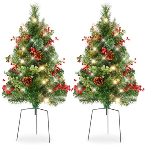 Set of 2 Pre-Lit Pathway Christmas Trees w/ Pine Cones, Timer - 24.5in - Lot 1036