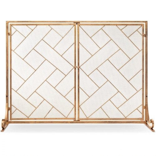 2-Panel Wrought Iron Geometric Fireplace Screen w/ Magnetic Doors - 44x33in - Lot 190