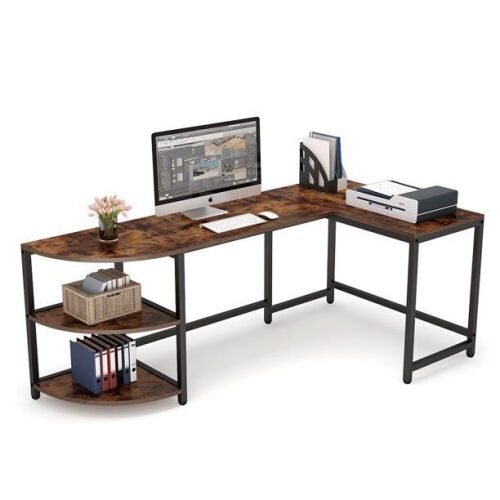 74" L-Shaped Desk with 3-Tier Reversible Corner Storage Shelf - Lot 57
